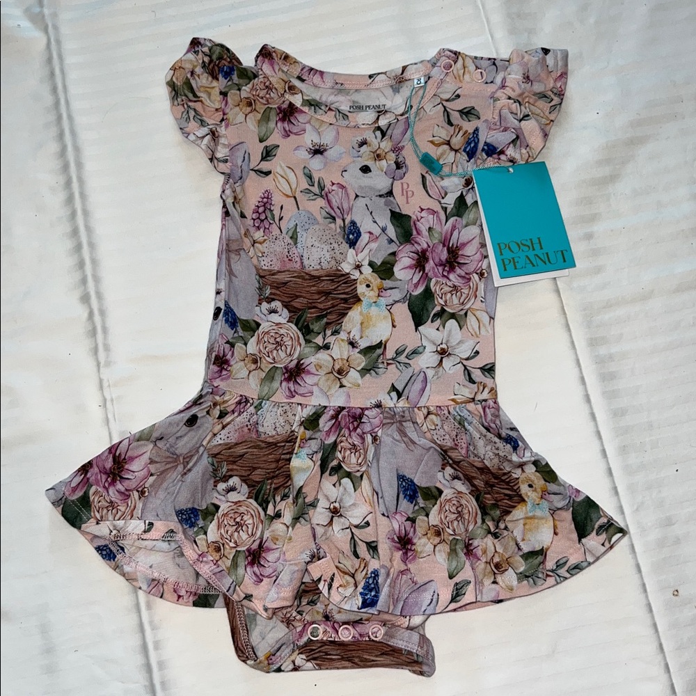 Posh Peanut HAZEL Bunny Rabbit Ruffled Capsleeve Twirl Skirt Bodysuit 12-18 mo